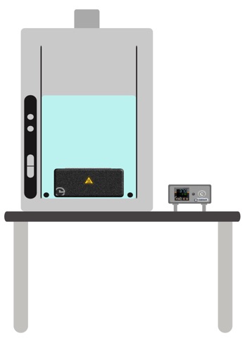 Der Metallblockthermostat im Abzugschrank und die Regelbox auf dem Tisch daneben. 